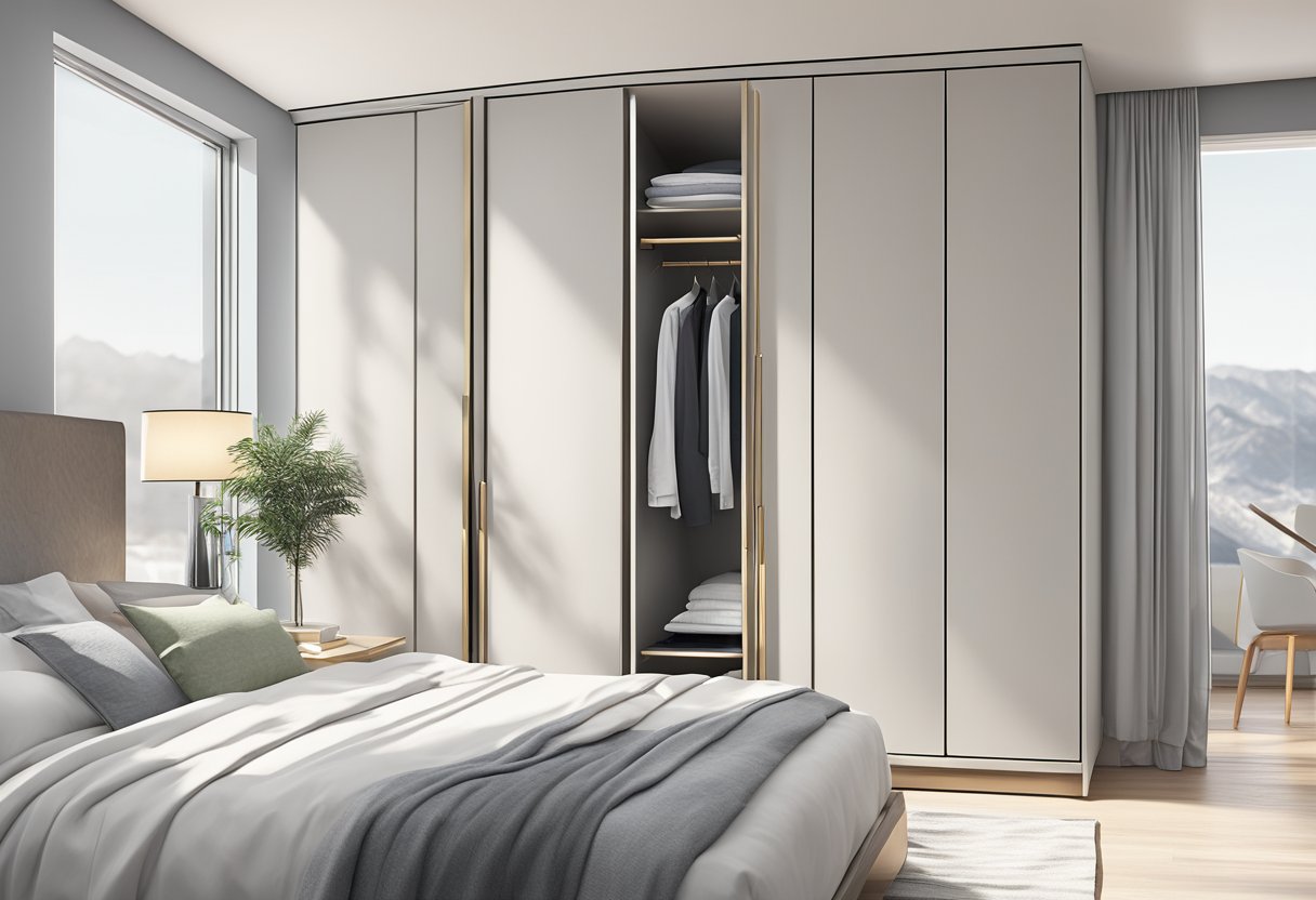 A hand reaches out to open a sleek, modern bedroom wardrobe handle. The handle is long, with clean lines and a metallic finish