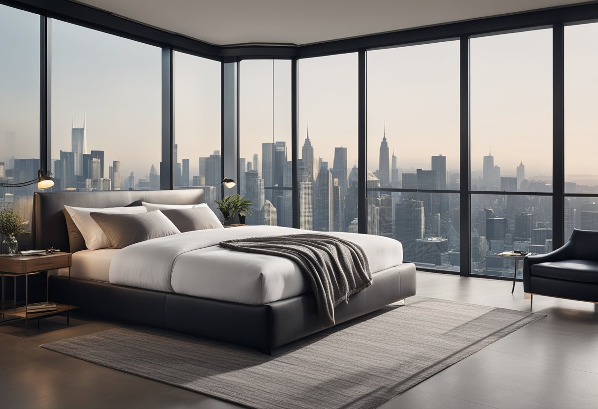 A spacious, modern bedroom with a minimalist design, featuring a large, comfortable bed with crisp white linens, sleek furniture, and a panoramic view of a city skyline through floor-to-ceiling windows