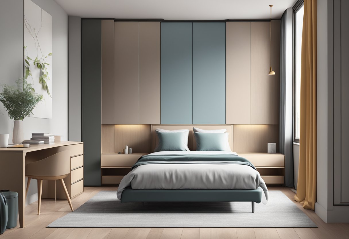 A modern bedroom with sleek, minimalist furniture. A close-up of a stylish wardrobe handle, adding a touch of elegance to the room