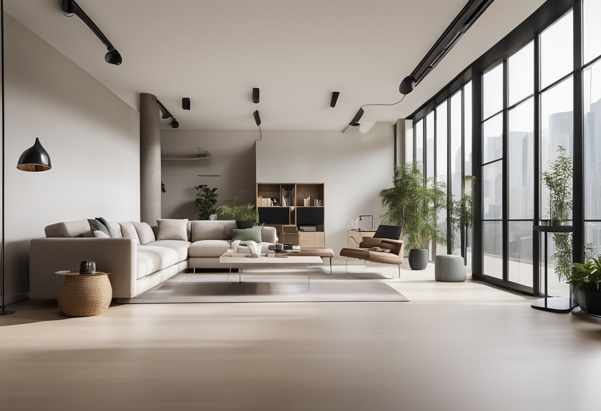 A spacious room with clean lines, neutral colors, and simple furniture. Natural light floods the space, creating a serene and uncluttered atmosphere
