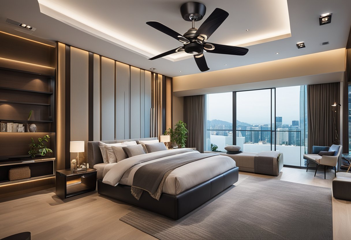 A modern bedroom with a sleek ceiling fan, adorned with innovative and stylish designs