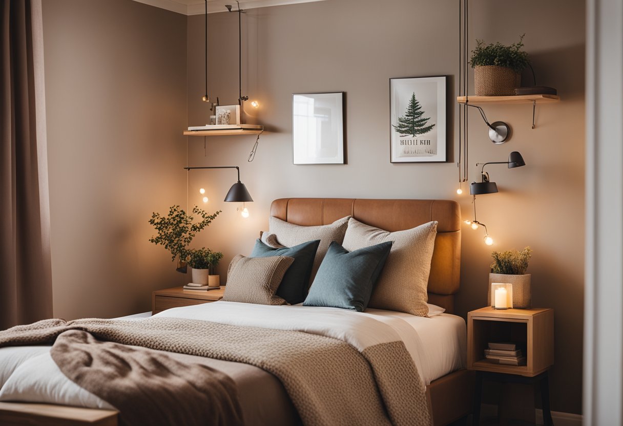 A cozy, small master bedroom with a plush bed, soft lighting, and warm, earthy tones. A reading nook with a comfy chair and a small side table