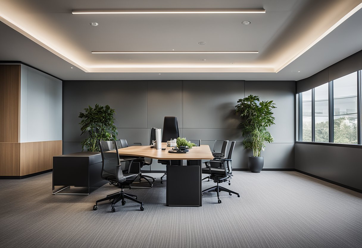 A modern commercial office interior with sleek furniture, large windows, and a minimalist color scheme. The space is well-lit with contemporary lighting fixtures and features a clean, professional aesthetic