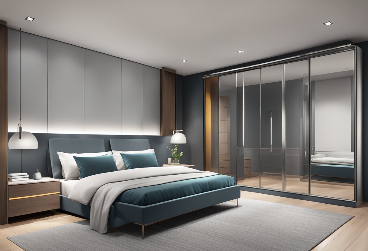 A modern bedroom with a sleek, silver wardrobe handle
