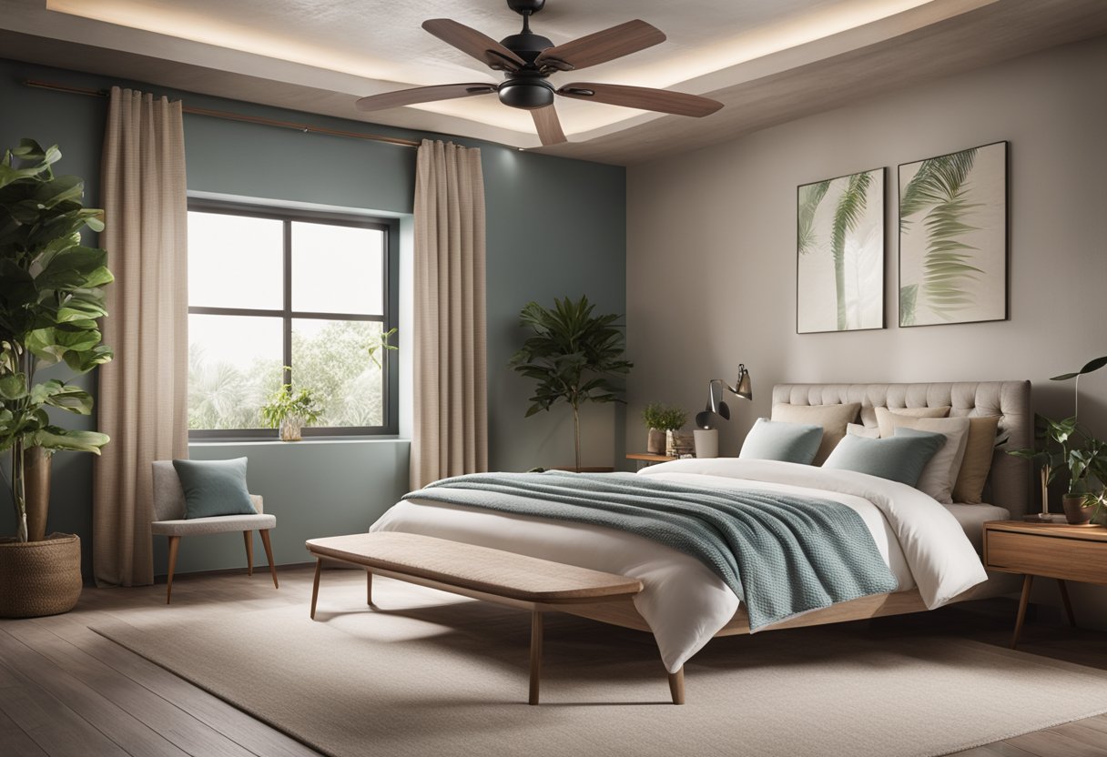 A cozy bedroom oasis with a textured ceiling, featuring a modern fan design