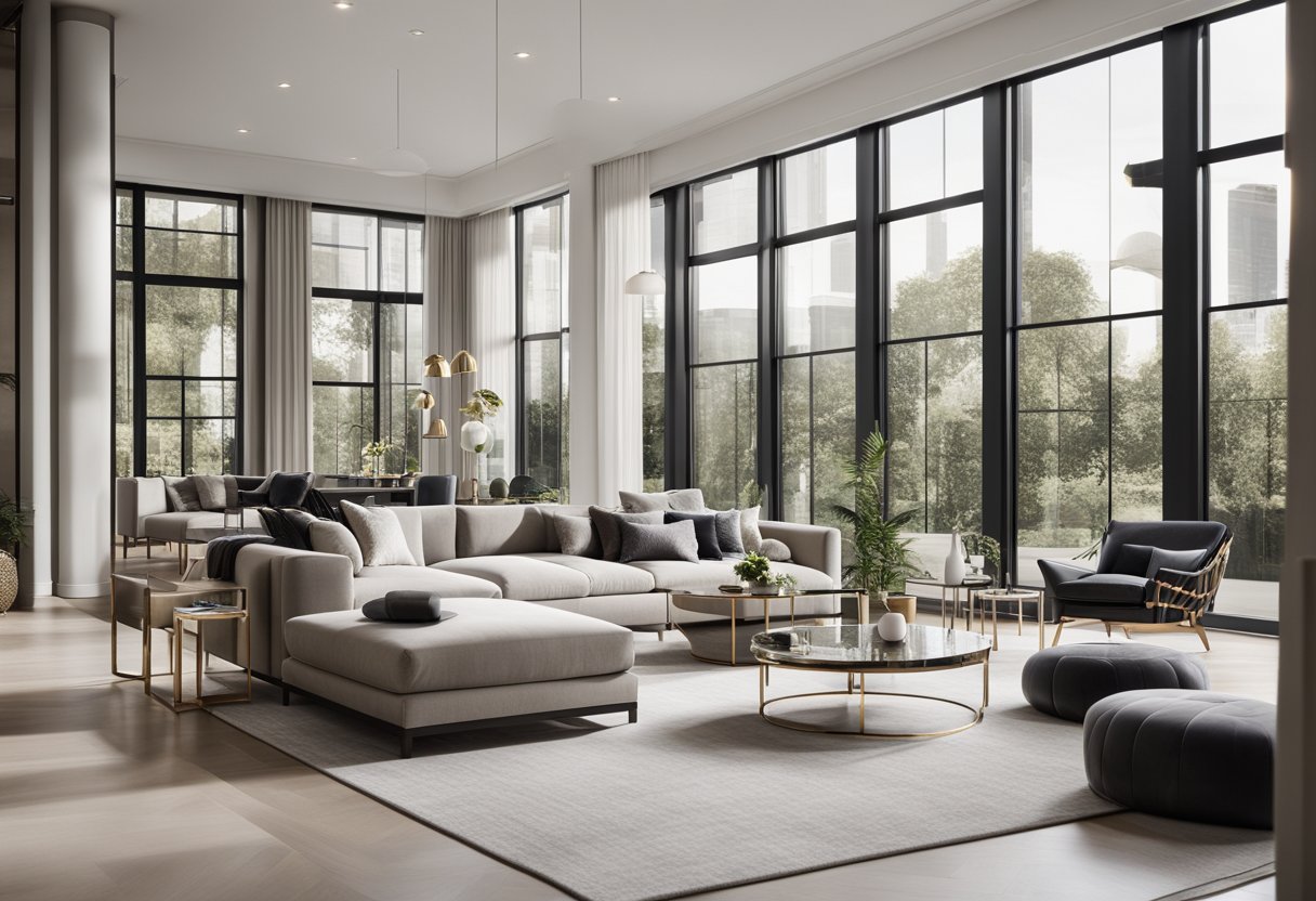 A spacious, open-concept living area with high ceilings, large windows, and sleek, minimalist furniture. A neutral color palette with pops of metallic accents and luxurious textures like velvet and marble