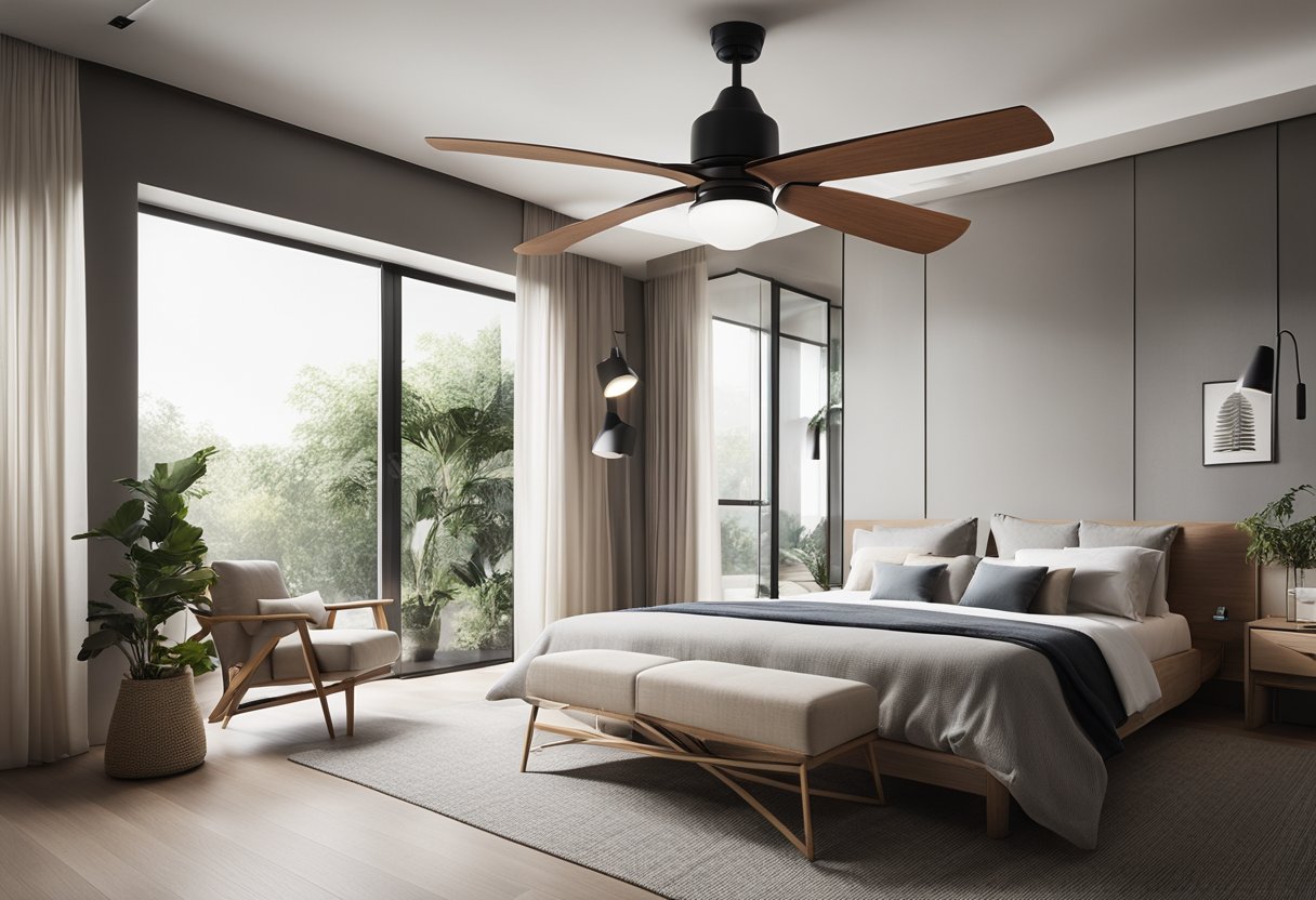 A bedroom with a modern ceiling fan and a unique, eye-catching design, with clean lines and a minimalist aesthetic