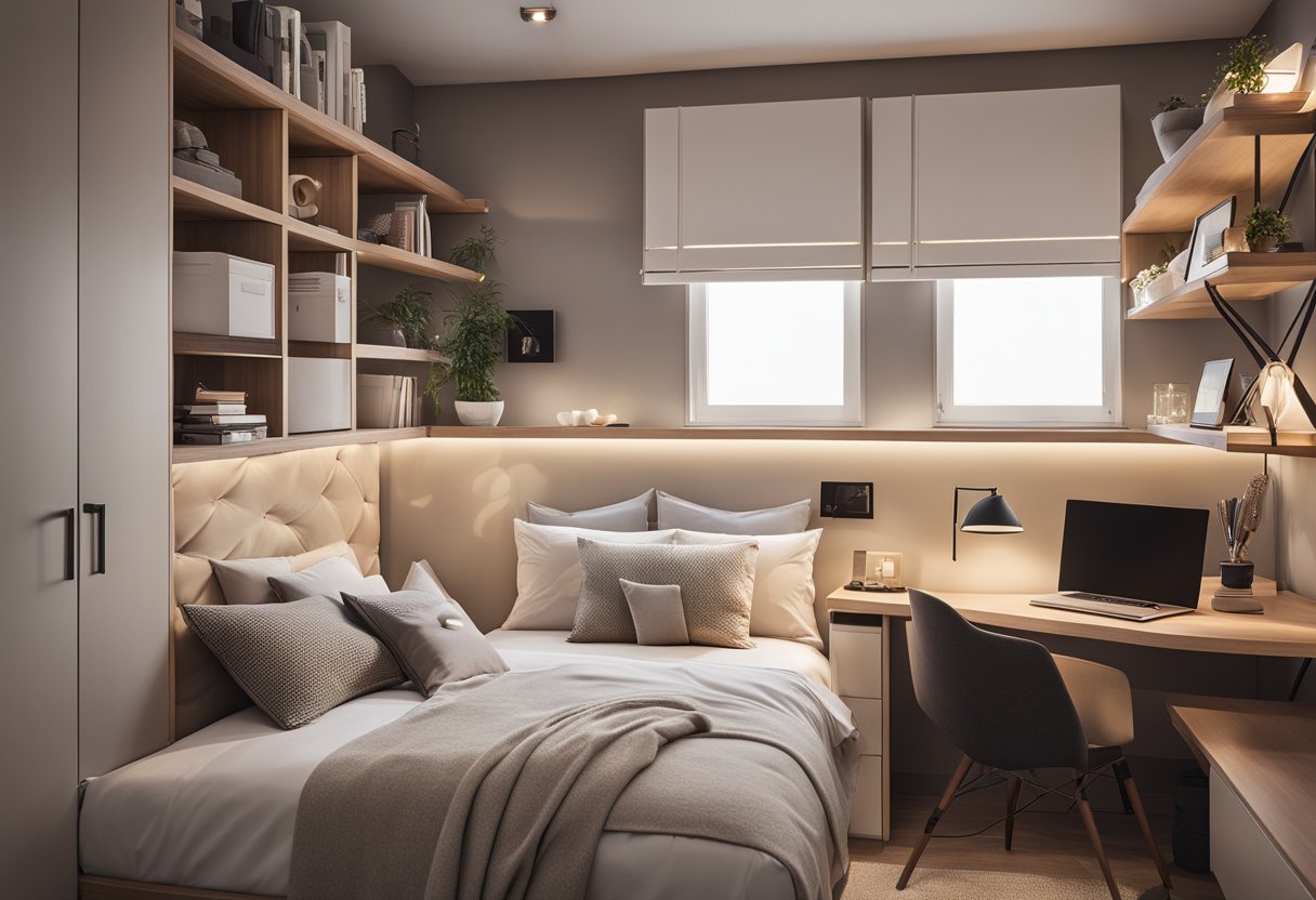 A cozy, compact bedroom with space-saving furniture, soft lighting, and a neutral color palette. A small desk and shelves for storage maximize the limited space