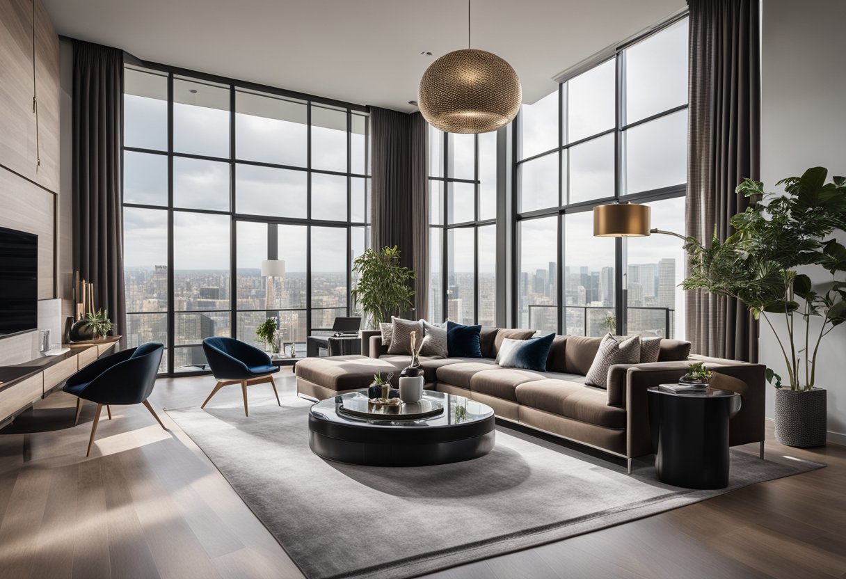 A sleek, open-concept living space with high ceilings, floor-to-ceiling windows, plush velvet furnishings, and metallic accents exudes modern luxury