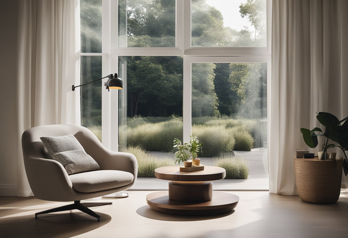A serene, minimalist living room with clean lines, neutral colors, and natural light filtering through large windows. A cozy reading nook with a simple armchair and a small side table