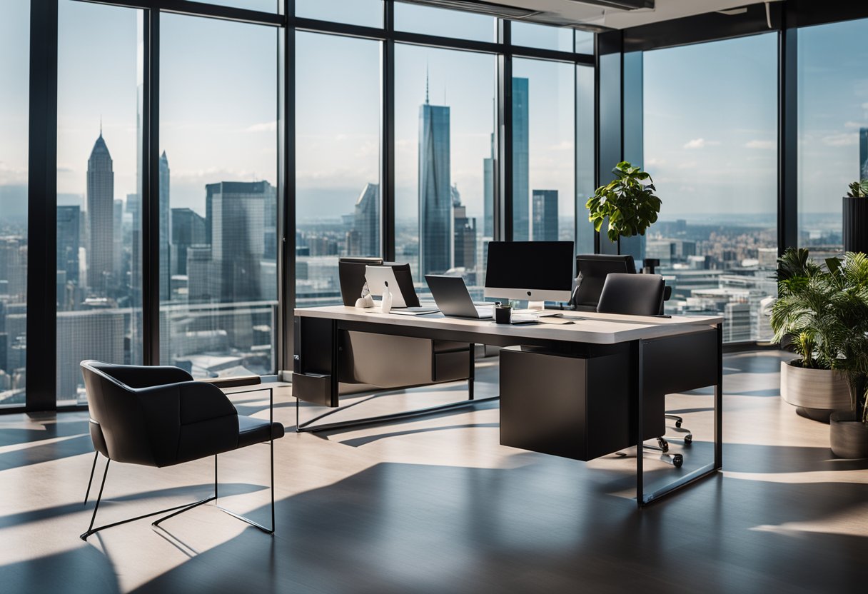 A modern office space with sleek furniture, vibrant accent colors, and large windows overlooking the city skyline