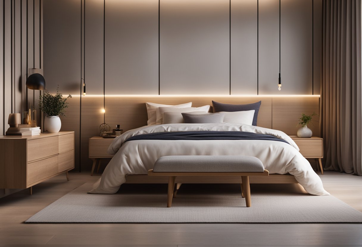 A cozy, minimalistic bedroom with a sleek bed, a compact nightstand, and a stylish dresser. The room is illuminated by soft, warm lighting, creating a serene and inviting atmosphere