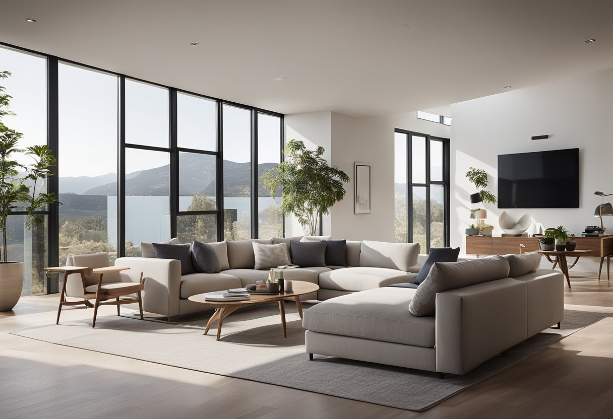 A sleek, contemporary living space with minimalist furniture, clean lines, and neutral color palette. Large windows allow natural light to flood the room, creating a sense of spaciousness and tranquility