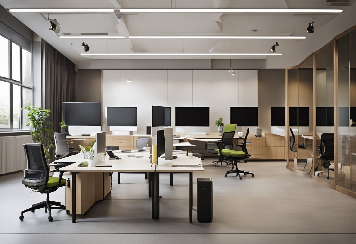 A spacious, well-lit room with modern furniture and ergonomic workstations. Clean lines and functional layout showcase practical design implementation for interior planning