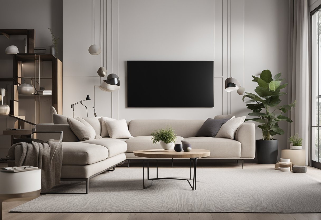 A clean, modern living room with neutral colors and sleek furniture. Minimalist decor and geometric shapes. Pinterest logo on a computer screen