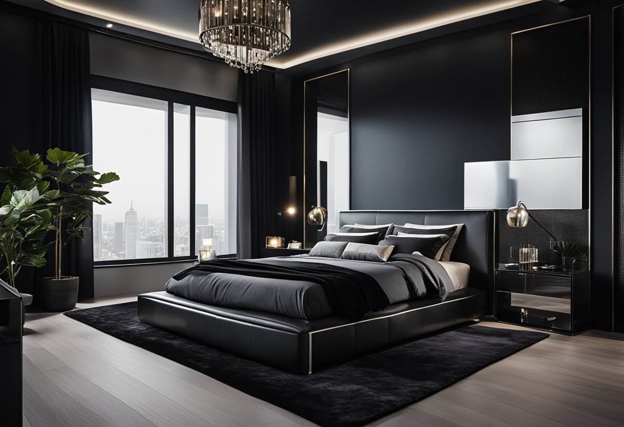 A sleek black bedroom with minimalist furniture and metallic accents. Dark walls contrast with a plush black rug and silver decor