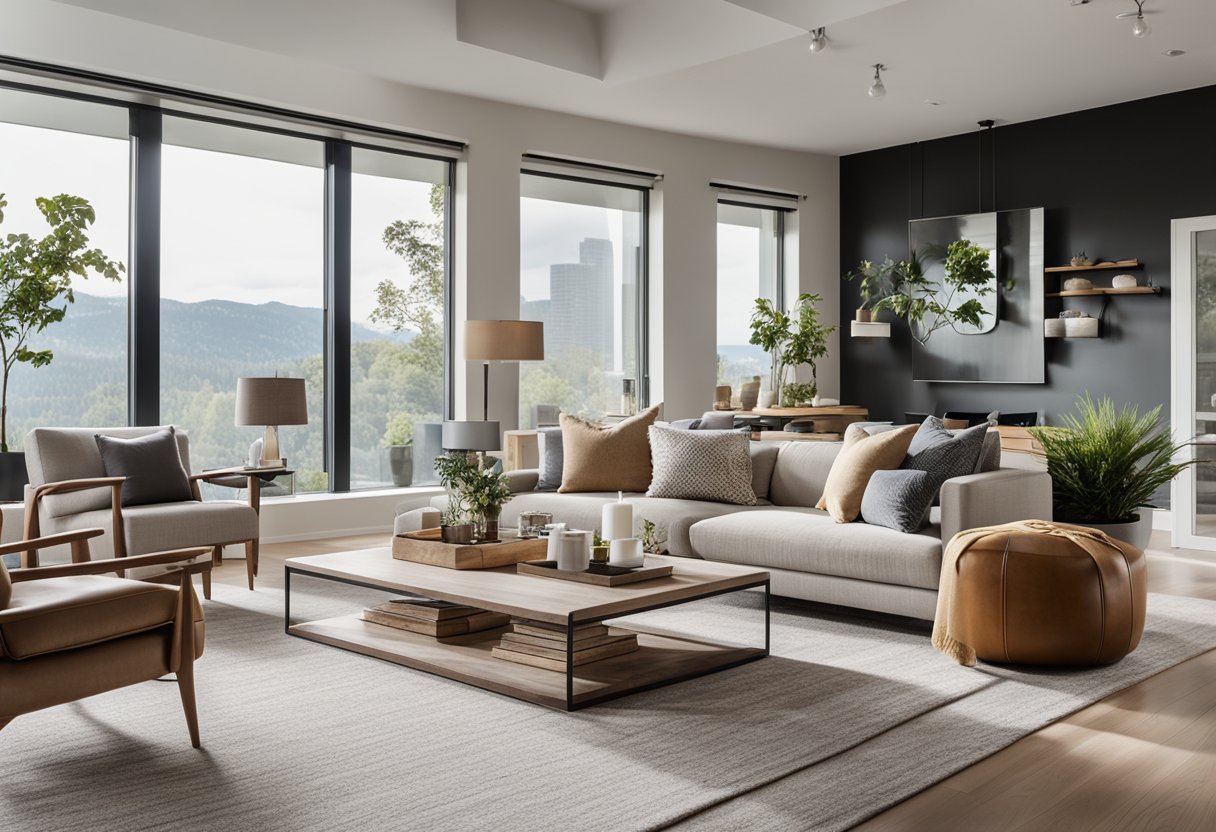 A modern Canadian living room with neutral tones, cozy textures, and pops of color. A large window lets in natural light, and there are stylish furniture pieces and decorative accents throughout