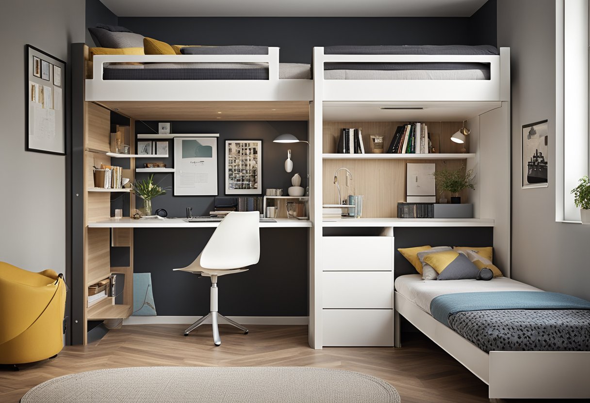 A small bedroom with a loft bed, built-in storage, and foldable desk. A wall-mounted shelf and multi-functional furniture maximize the space