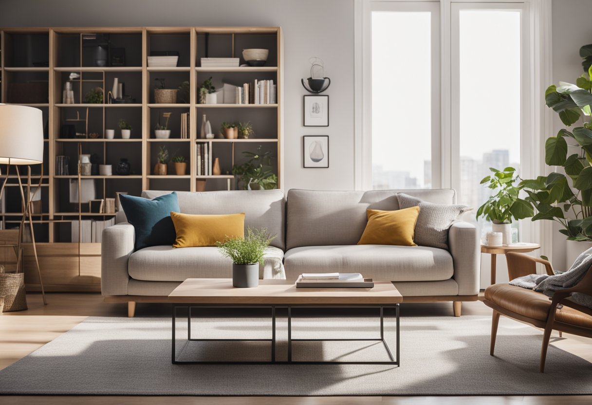 A cozy, modern living room with a sleek, minimalist design. A large, comfortable sofa sits in the center of the room, surrounded by stylish decor and a well-organized bookshelf. A large window lets in plenty of natural light, illuminating