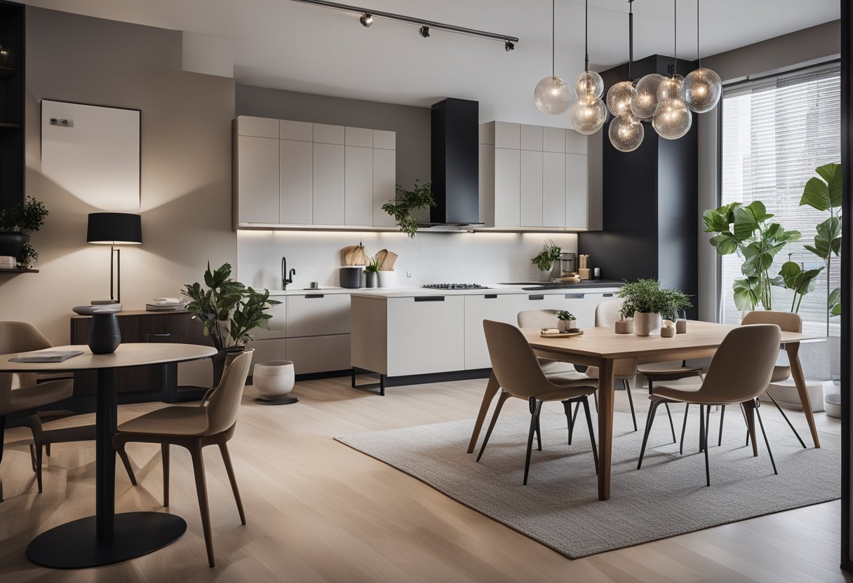 A cozy 650 sq ft apartment with a modern minimalist design. Neutral colors, sleek furniture, and strategic space-saving solutions create a stylish and functional living space