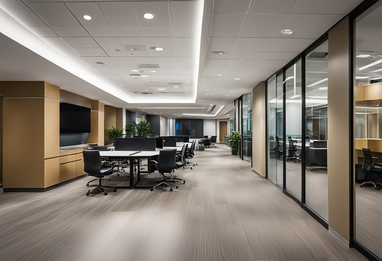 A modern, sleek commercial office interior in Houston, featuring strategic design elements for efficient workspaces and a professional atmosphere