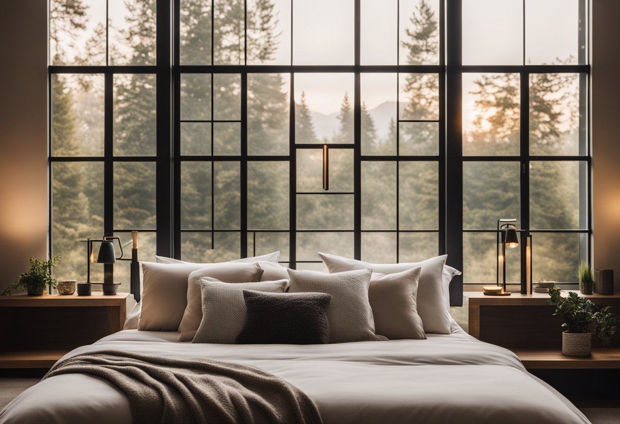 A luxurious bedroom with a cozy, king-sized bed, soft, fluffy pillows, warm, ambient lighting, and elegant, minimalist decor. A large window offers a view of a serene, natural landscape, creating a perfect personal sanctuary