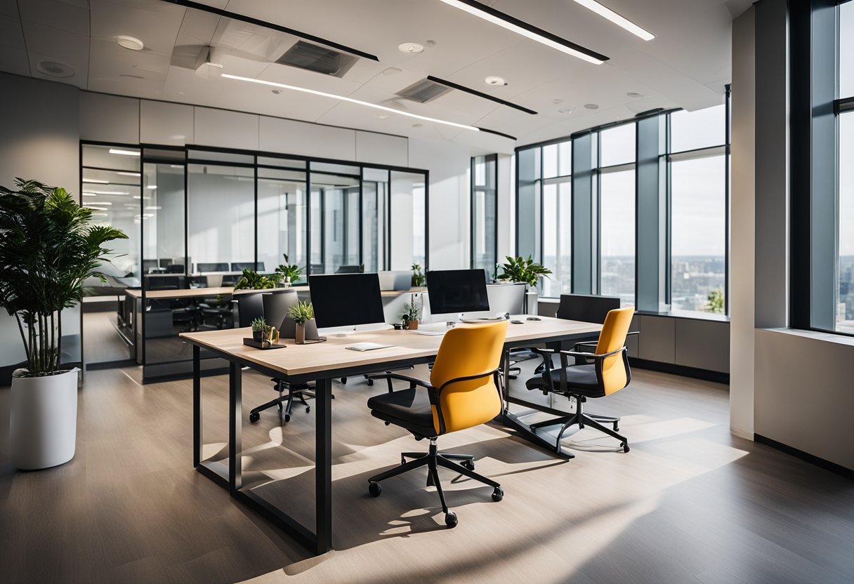 A modern office space with sleek furniture, vibrant accent colors, and ample natural light. Clean lines and open floor plan create a welcoming and professional atmosphere