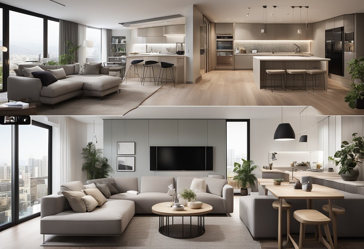 A compact 650 sq ft apartment with smart storage solutions, multipurpose furniture, and a neutral color palette to create a spacious and functional living area
