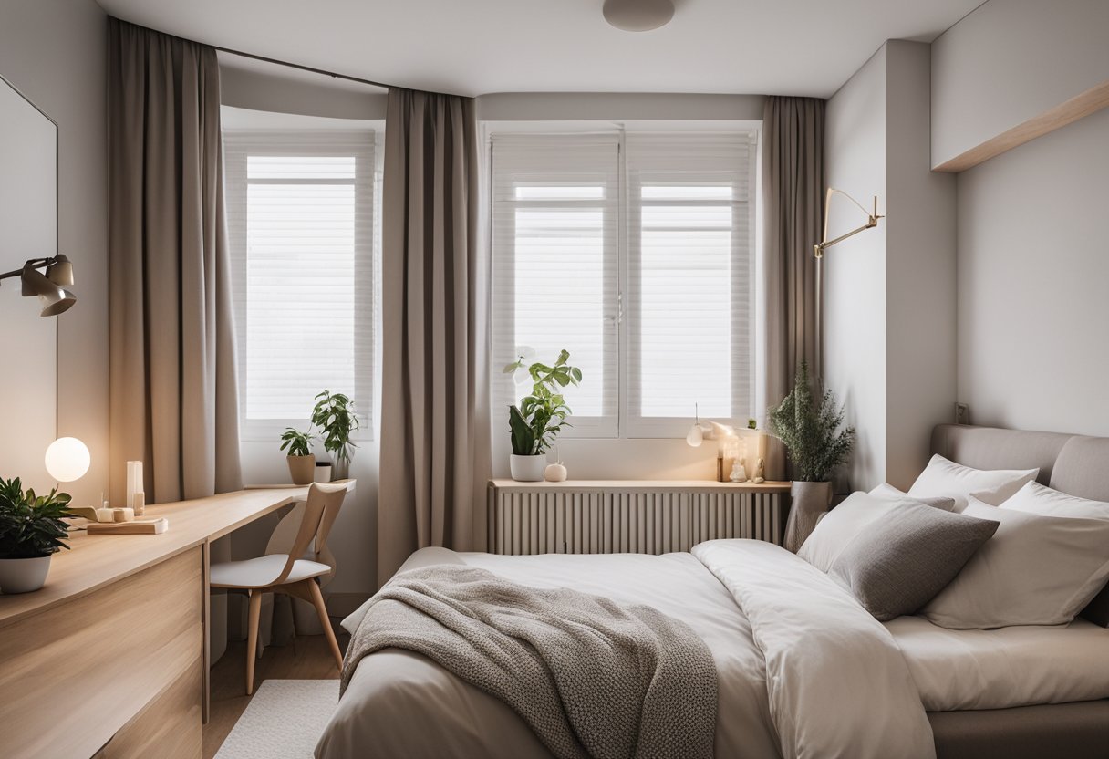 A small bedroom with minimalist furniture, utilizing space-saving design elements like built-in storage and multifunctional pieces. A neutral color palette and natural light create a cozy and inviting atmosphere