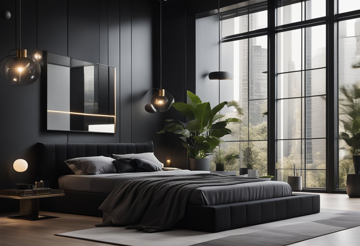 A sleek black bedroom with a plush bed, minimalist furniture, and metallic accents. A large window lets in soft, natural light, casting dramatic shadows