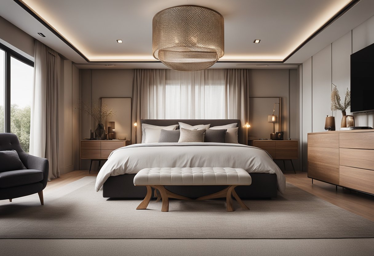 A modern, minimalist bedroom with clean lines, neutral colors, and sleek furniture. A cozy, rustic bedroom with warm wood tones, soft textiles, and a fireplace. A luxurious, opulent bedroom with rich fabrics, ornate details, and a canopy