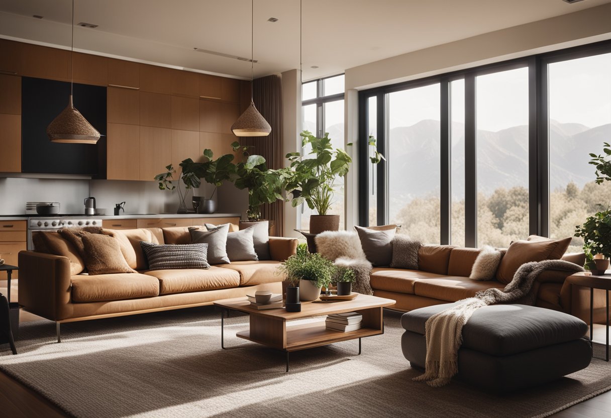 A cozy living room with modern furniture, warm earthy tones, and natural light streaming in through large windows