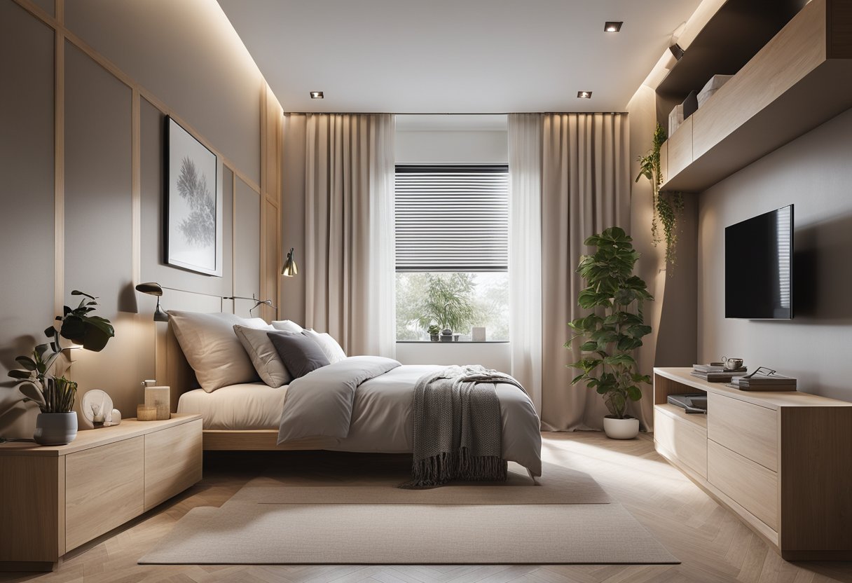 A small bedroom with a modern, space-saving furniture design. Clean lines, neutral colors, and multi-functional pieces create a cozy yet functional space