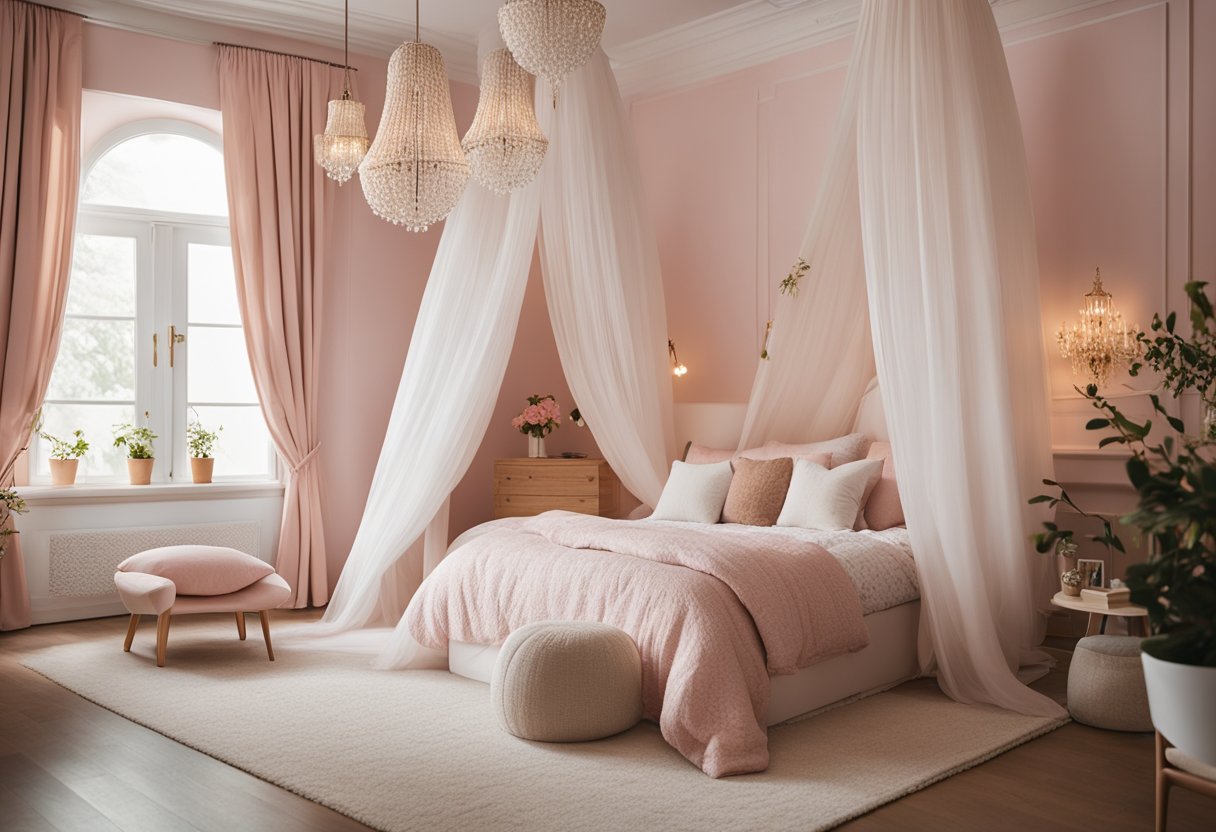 A small bedroom with pastel pink walls, a white canopy bed, floral patterned bedding, a cozy reading nook with a bean bag chair, and a delicate chandelier hanging from the ceiling