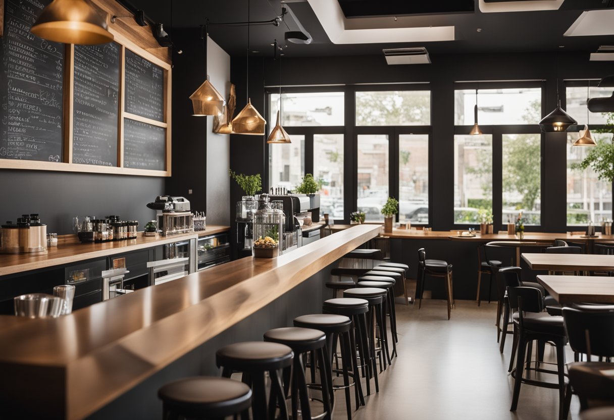 The coffee bar interior is modern with sleek, wooden countertops, hanging pendant lights, and a chalkboard menu. The walls are adorned with abstract art, and large windows let in natural light