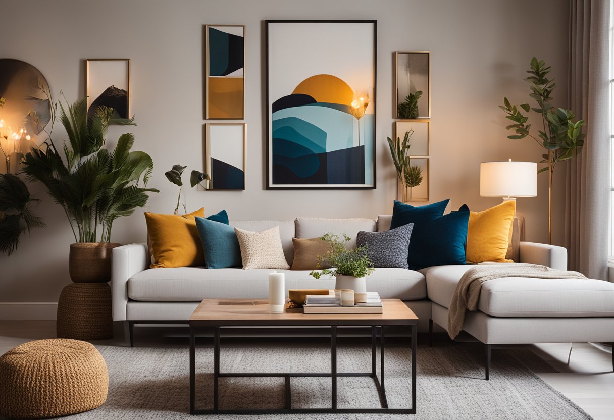 A cozy 650 sq ft apartment with modern furniture, warm lighting, and pops of color. A gallery wall of artwork adds personal flair
