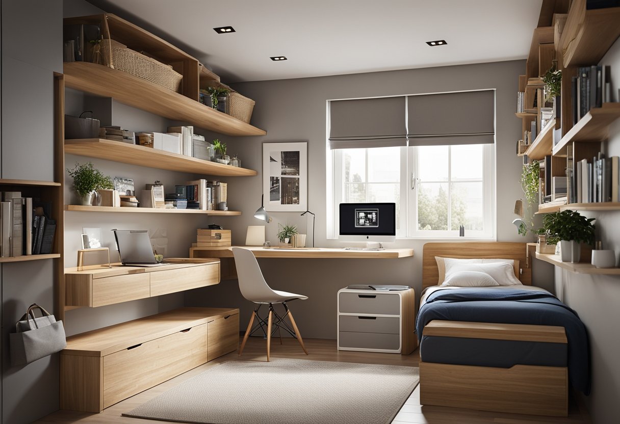 A small bedroom with clever storage solutions, featuring a loft bed with built-in drawers, a wall-mounted desk, and floating shelves for books and decorations