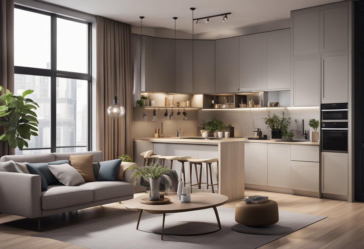 A cozy 650 sq ft apartment with modern furnishings, a neutral color palette, and clever space-saving solutions. Open floor plan with a small kitchen, living area, and a designated workspace