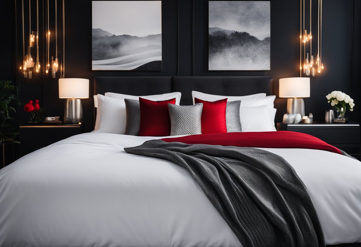 A black bedroom with silver accents, white linens, and a pop of color in the form of a red throw pillow on the bed