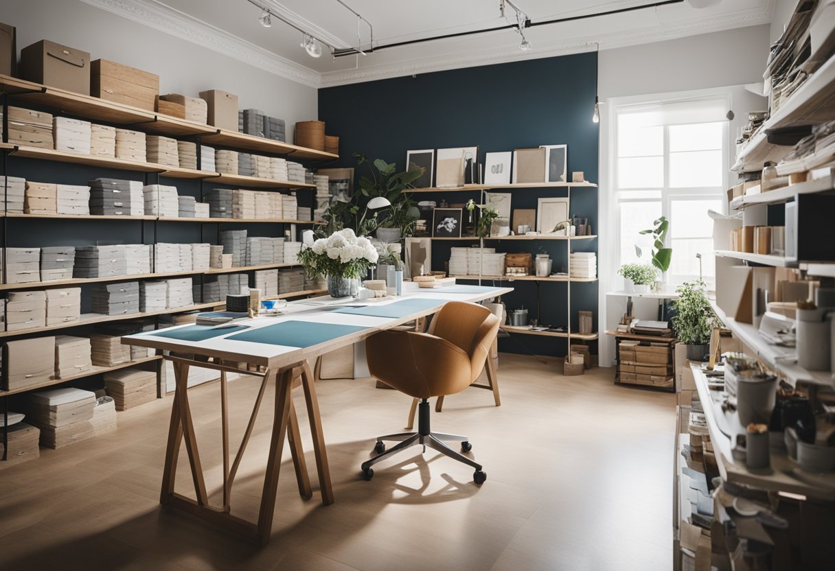 A stylish, well-lit interior design studio with a drafting table, mood boards, and shelves of fabric swatches and paint samples