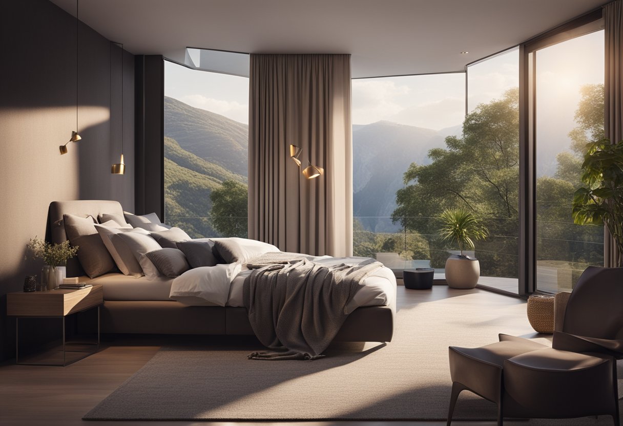 A cozy bedroom with modern furniture, soft lighting, and a large window overlooking a breathtaking natural landscape