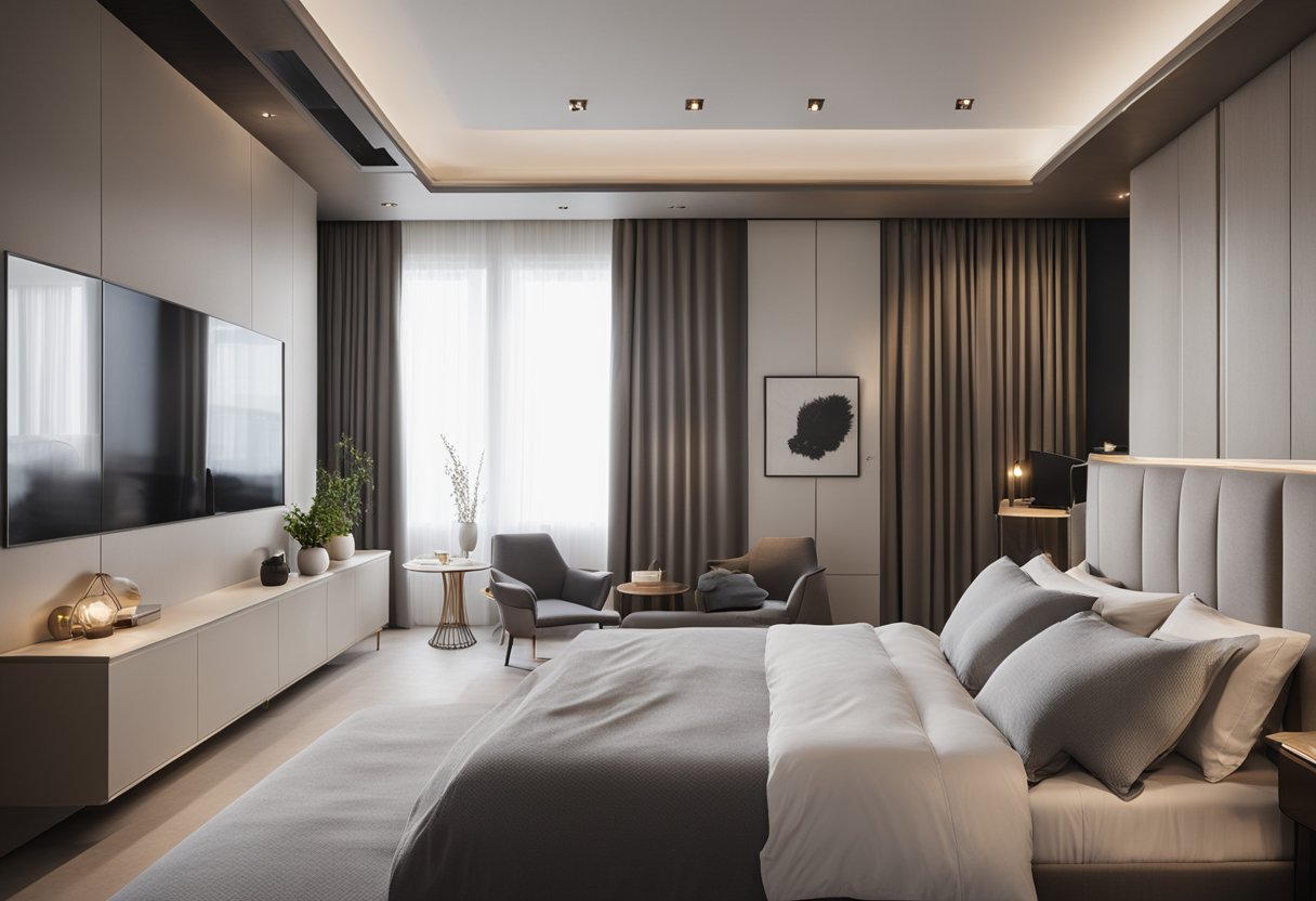A spacious, modern master bedroom with sleek furniture and neutral tones. A large bed with crisp linens sits against a feature wall, while a cozy seating area and ample storage complete the stylish design