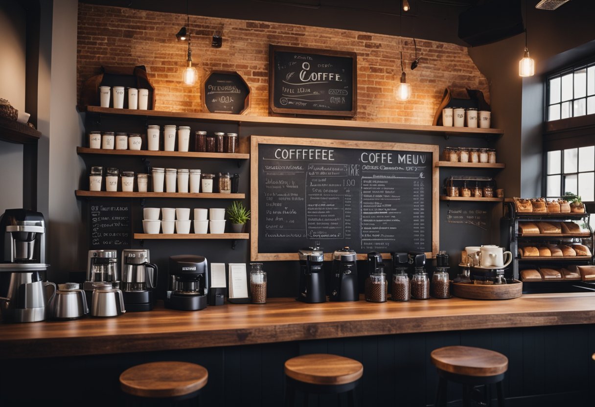 A cozy coffee bar with warm lighting, exposed brick walls, and wooden countertops. A chalkboard menu displays a variety of coffee drinks. Shelves are lined with mugs and bags of coffee beans