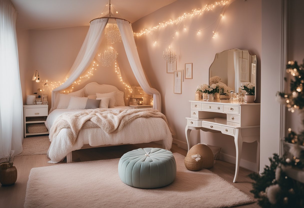 A cozy, pastel-colored bedroom with a canopy bed, fluffy rugs, and a vanity table adorned with fairy lights and personal trinkets
