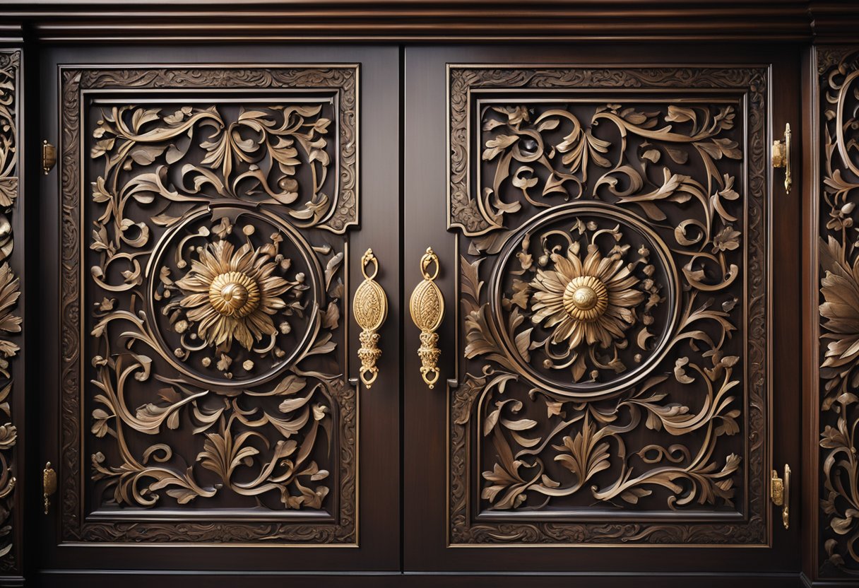 The bedroom cupboard doors feature intricate floral patterns and ornate handles. The wood is polished to a rich, dark finish, and the doors are adorned with delicate carvings
