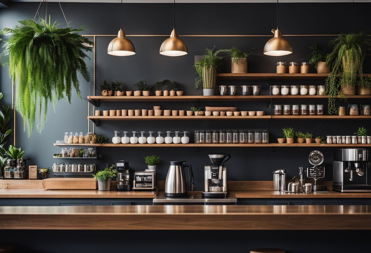 The coffee bar interior features sleek countertops, hanging pendant lights, and shelves adorned with coffee accessories and plants