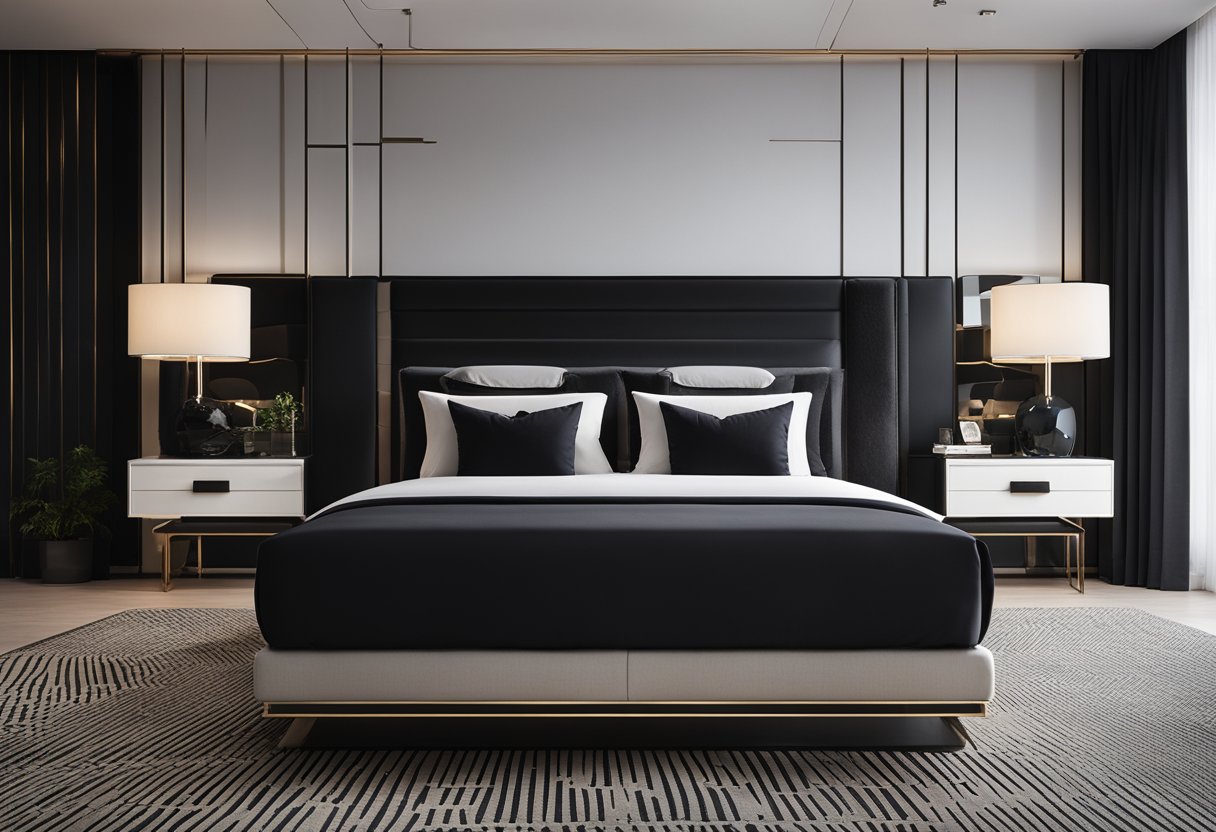 A sleek black bedroom with modern furniture, geometric patterns, and minimalistic decor. A large bed with a plush headboard is the focal point, with sleek nightstands and a stylish lamp on each side
