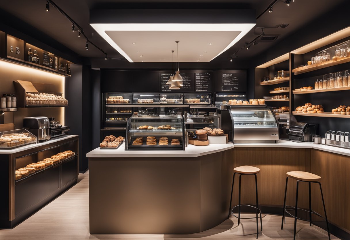 A modern coffee bar with sleek, minimalist furniture, warm lighting, and a variety of seating options. The space is adorned with trendy artwork and features a display of freshly baked pastries and a menu board