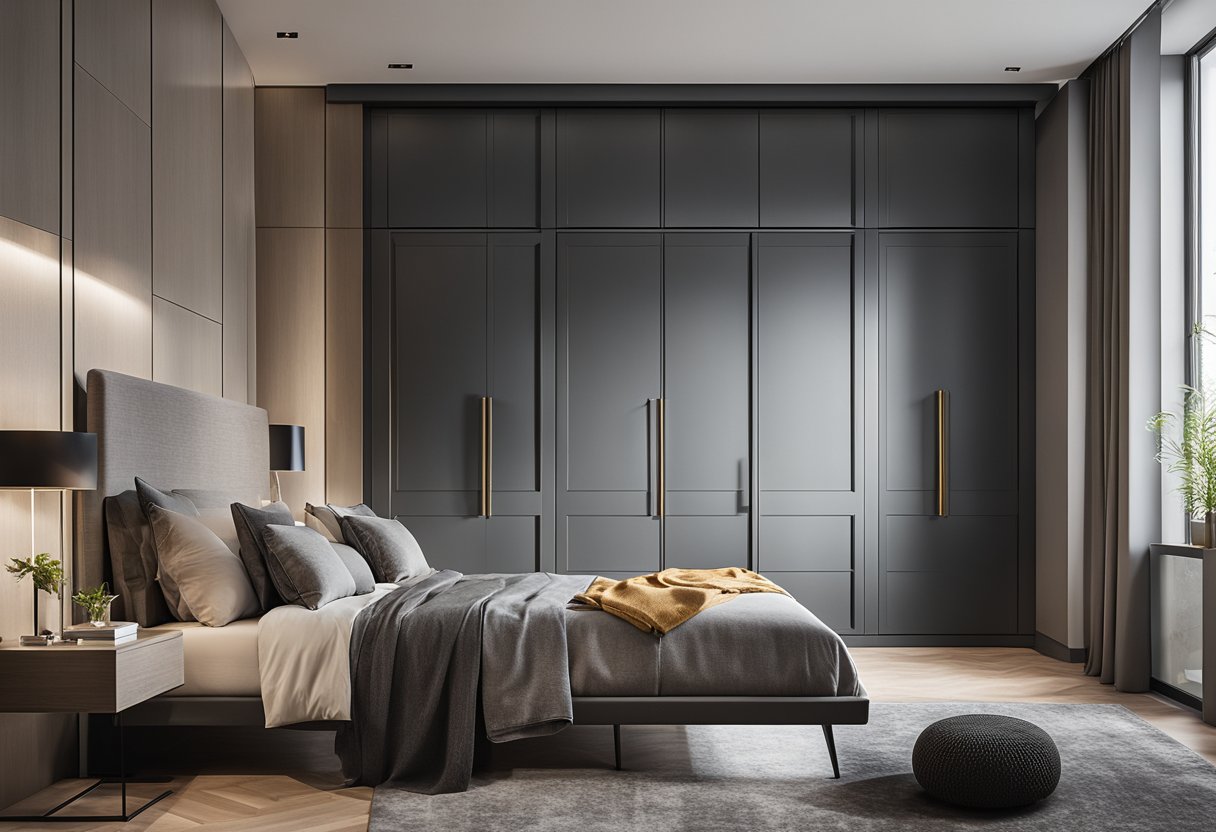 A bedroom with sleek, modern cupboard doors featuring innovative designs and materials