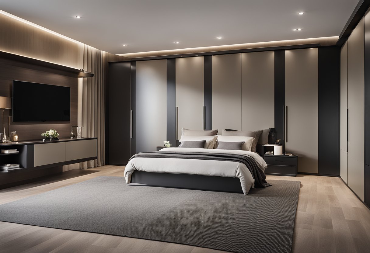 A sleek, modern bedroom cupboard with sliding doors, featuring minimalist designs and clean lines, exuding a sense of sophistication and style